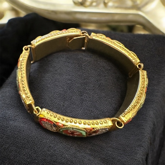 Vintage Millefiori Bracelet  Multicolor Micro Mosaic Floral Panels Goldtone 8" - Picture 2 of 8